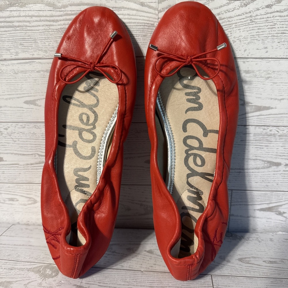 Sam Edelman Ballet Flats Red Leather Sz 6.5 Shoes Bow Slip On Casual Embroidered